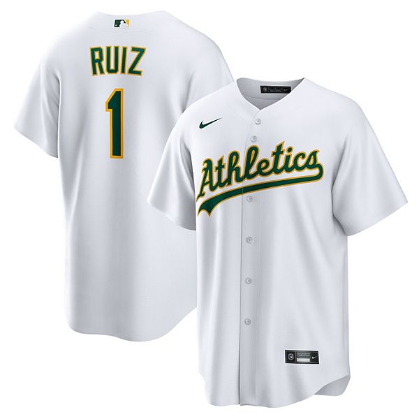 Мужская реплика домашней футболки Oakland Athletics белого цвета Nike
Мужская реплика домашней футболки Oakland Athletics белого цвета Nike