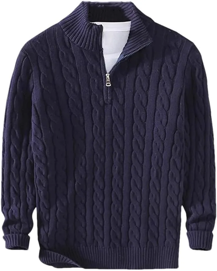 Мужской свитер с кабельной вязкой и молнией на четверть
Мужской свитер с кабельной вязкой и молнией на четверть