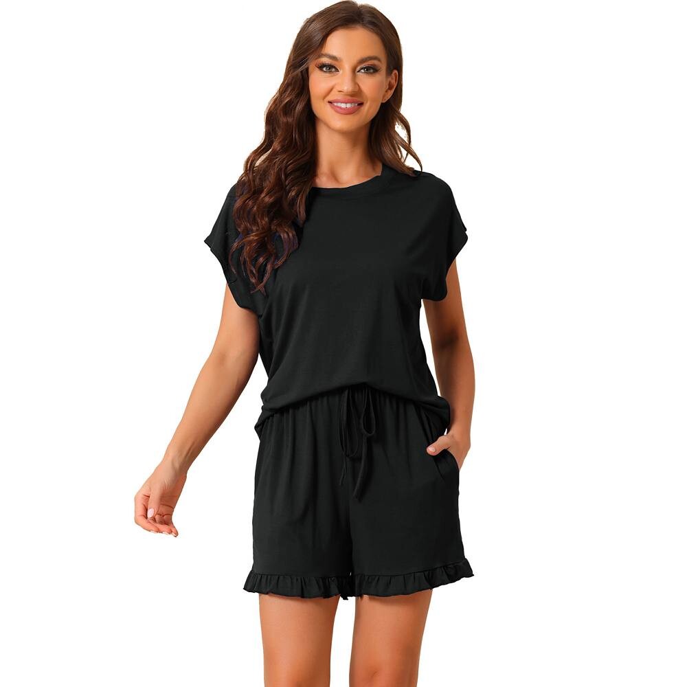 Женские пижамы с рюшами, летние наряды, топы с короткими рукавами и шортами, мягкие комплекты для отдыха Cheibear, черный 
Женские пижамы с рюшами, летние наряды, топы с короткими рукавами и шортами, мягкие комплекты для отдыха Cheibear, черный