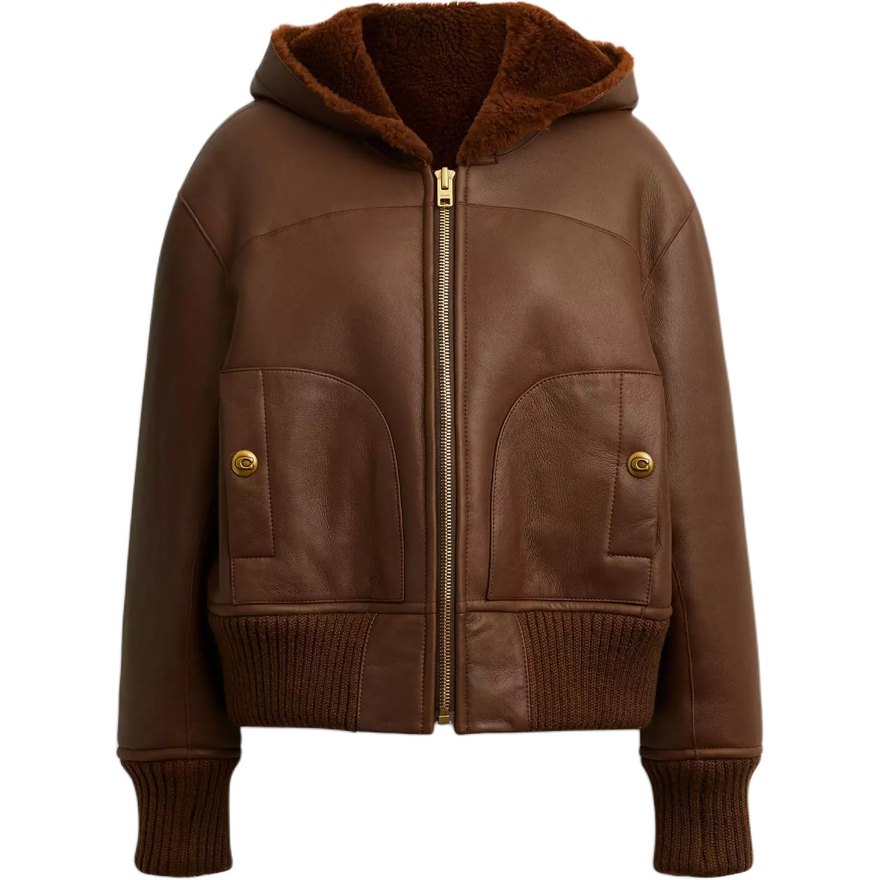Coach Женская кожаная куртка, коричневая, с капюшоном, двусторонняя
Coach Женская кожаная куртка, коричневая, с капюшоном, двусторонняя