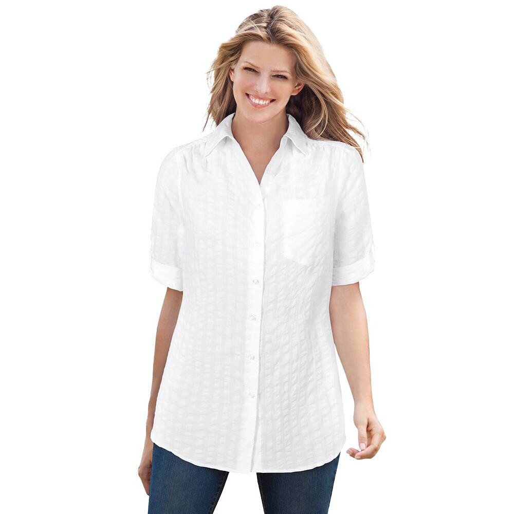 Женщина в женской рубашке из жатого хлопка на пуговицах больших размеров с короткими рукавами Woman Within, белый
Женщина в женской рубашке из жатого хлопка на пуговицах больших размеров с короткими рукавами Woman Within, белый