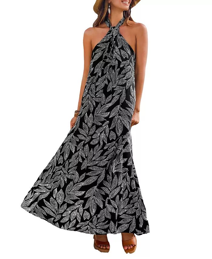 Женское пляжное платье-макси с высокой талией и тропическим принтом Cupshe, черный 
Женское пляжное платье-макси с высокой талией и тропическим принтом Cupshe, черный