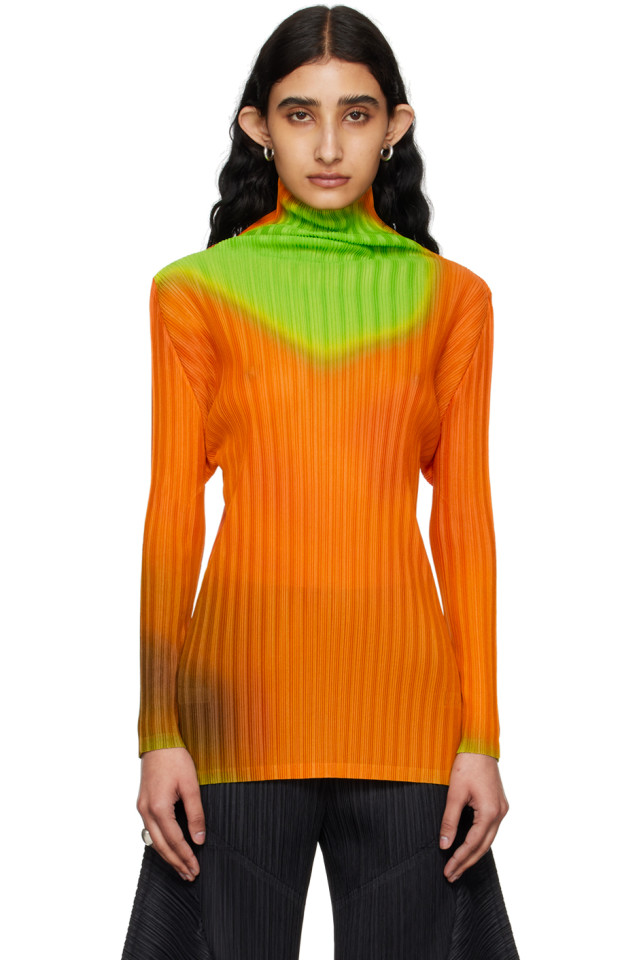 Распашной водолазный свитер с рубчиком Pleats Please Issey Miyake, оранжевый 
Распашной водолазный свитер с рубчиком Pleats Please Issey Miyake, оранжевый