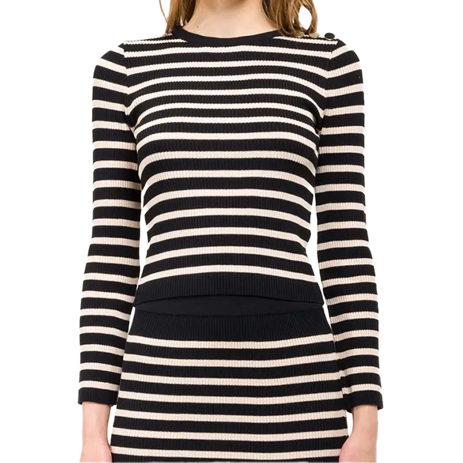 Свитер с круглым вырезом полосками и пуговицами Kontatto, черный
Свитер с круглым вырезом полосками и пуговицами Kontatto, черный