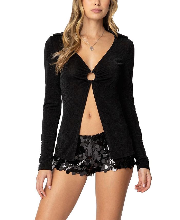 Дария Топ с разрезом спереди и длинными рукавами Edikted, черный
Дария Топ с разрезом спереди и длинными рукавами Edikted, черный