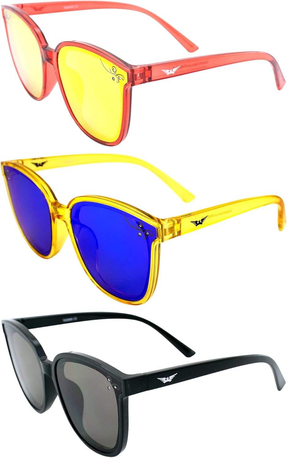 Солнцезащитные очки Global Vision Eyewear Athena II Fashion для женщин, 3 пары: красные с красными зеркальными линзами, желтые с синими зеркальными линзами и черные с дымчатыми линзами, Red-red/Yellow-blue/Black-smoke
Солнцезащитные очки Global Vision Eyewear Athena II Fashion для женщин, 3 пары: красные с красными зеркальными линзами, желтые с синими зеркальными линзами и черные с дымчатыми линзами, Red-red/Yellow-blue/Black-smoke