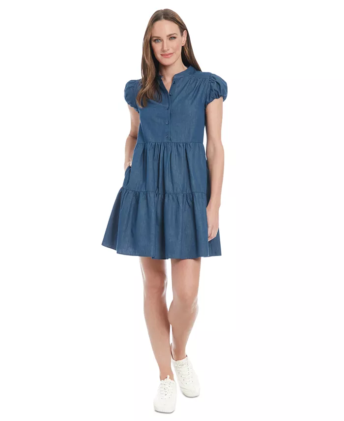 Платье Petite Denim с рукавами-фонариками и ярусами London Times, синий 
Платье Petite Denim с рукавами-фонариками и ярусами London Times, синий