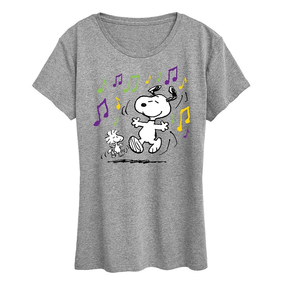 Женская футболка с рисунком Peanuts Snoopy & Woodstock Mardi Gras Dancing Licensed Character, цвет Heather Gray 
Женская футболка с рисунком Peanuts Snoopy & Woodstock Mardi Gras Dancing Licensed Character, цвет Heather Gray