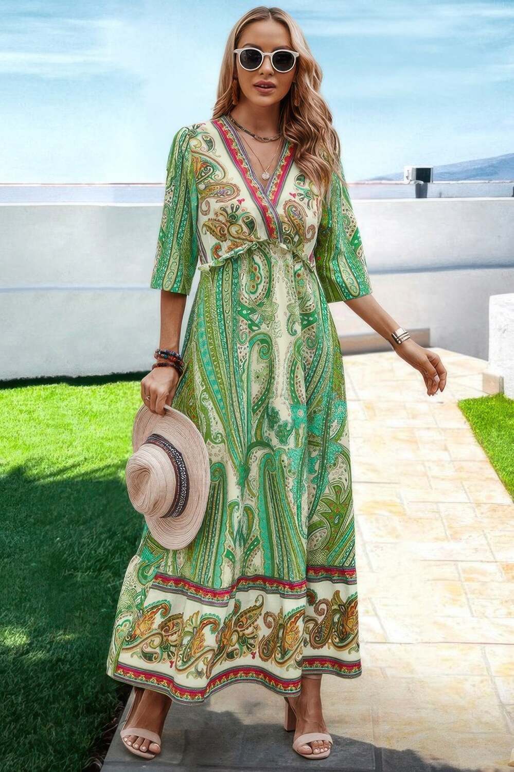 Принтованное платье с разрезом и высокой талией TRUEDAMES, зеленый 
Принтованное платье с разрезом и высокой талией TRUEDAMES, зеленый