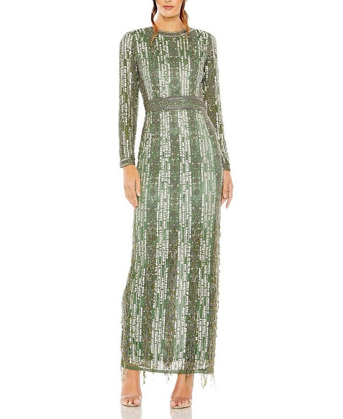 Mac Duggal Платье-колонна с высоким воротником и длинными рукавами, украшенное кристаллами и бахромой, зеленый
Mac Duggal Платье-колонна с высоким воротником и длинными рукавами, украшенное кристаллами и бахромой, зеленый