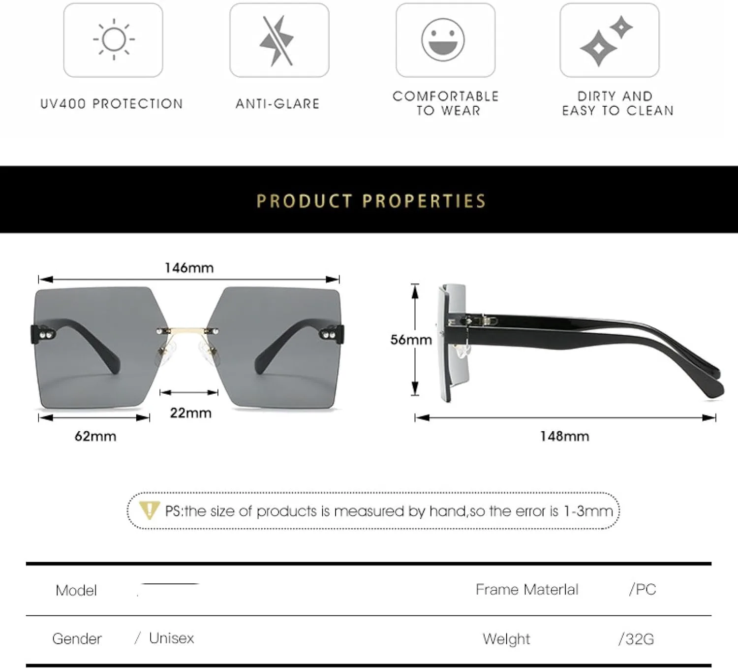 Модные солнцезащитные очки класса люкс без оправы для женщин и мужчин, для активного отдыха, путешествий, вождения, защиты от солнца UV400 TKKTLLT, Black Gray
Модные солнцезащитные очки класса люкс без оправы для женщин и мужчин, для активного отдыха, путешествий, вождения, защиты от солнца UV400 TKKTLLT, Black Gray