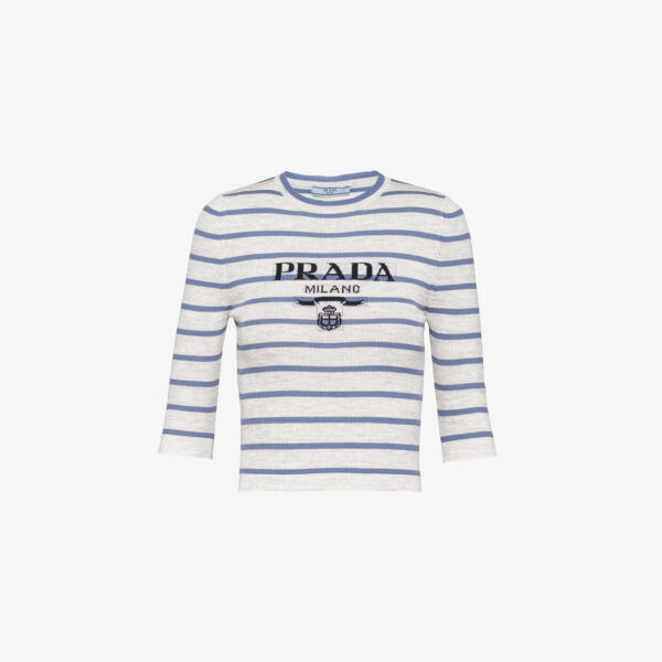 Топ superfine из натуральной шерсти в полоску с логотипом интарсии Prada, серый
Топ superfine из натуральной шерсти в полоску с логотипом интарсии Prada, серый