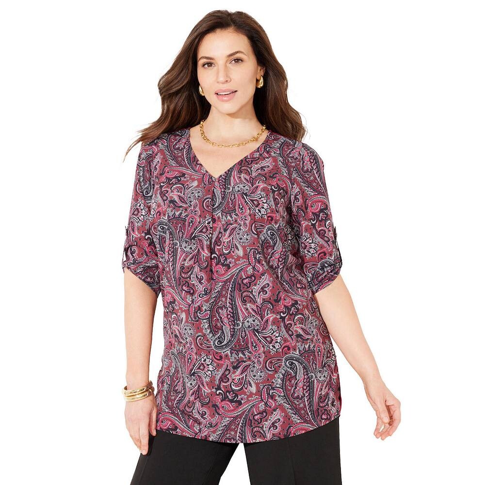 Женская плиссированная туника больших размеров с v-образным вырезом и V-образным вырезом для миниатюрных размеров Catherines, цвет Rich Burgundy Paisley
Женская плиссированная туника больших размеров с v-образным вырезом и V-образным вырезом для миниатюрных размеров Catherines, цвет Rich Burgundy Paisley