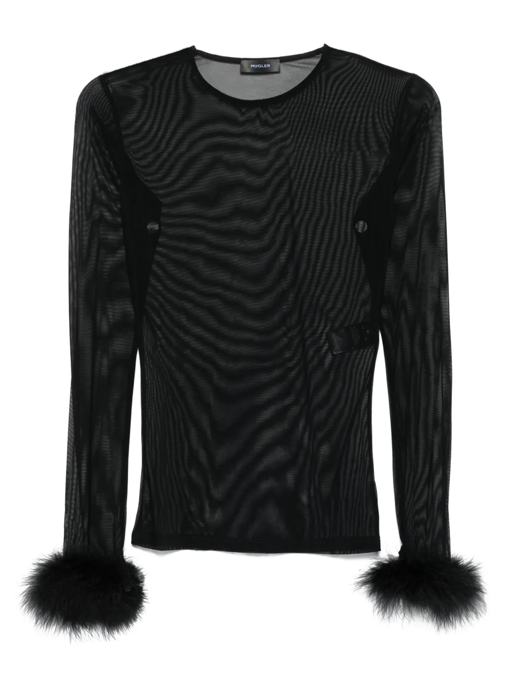 Топ из сетки с перьевыми манжетами Mugler, черный
Топ из сетки с перьевыми манжетами Mugler, черный