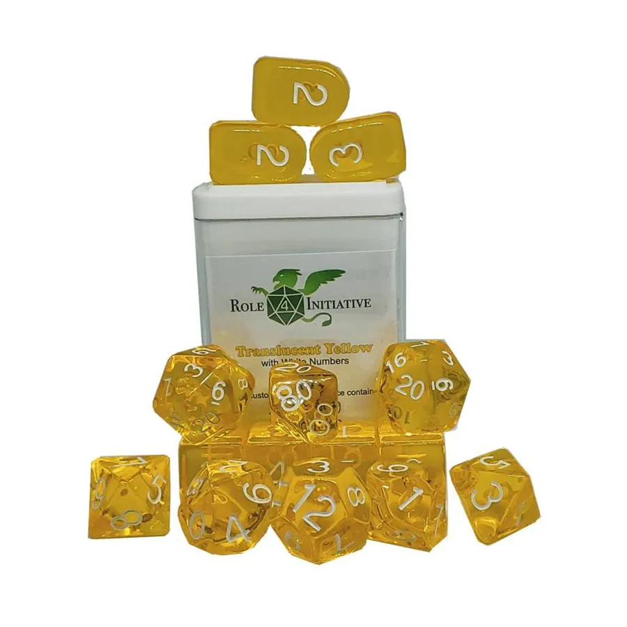 Многогранные игральные кости — полупрозрачный желтый с белым и Arch'd4 (15), Game Dice - Translucent (Role 4 Initiative)