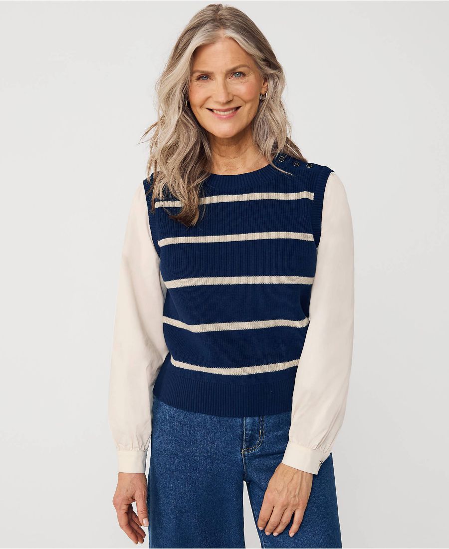 Женский жилет-свитер Drifter Shaker с пуговицами на плечах и рукавами из поплина Lands' End, Deep sea navy/champagne stripe
Женский жилет-свитер Drifter Shaker с пуговицами на плечах и рукавами из поплина Lands' End, Deep sea navy/champagne stripe