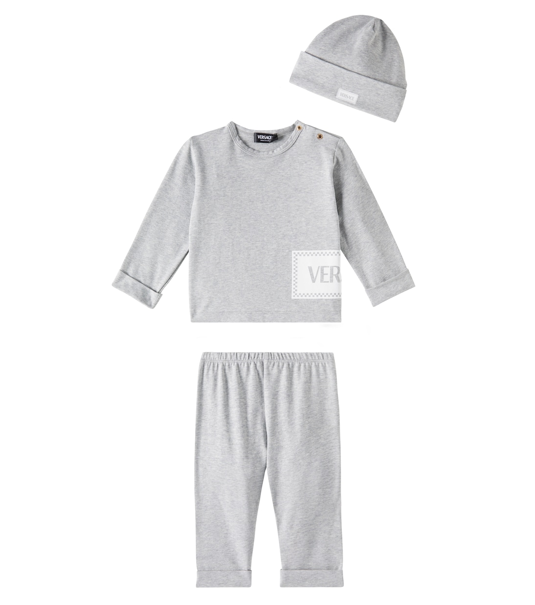 Комплект из джерси для малышей: топ, штаны и шапочка Versace Kids, Greymelange+White 
Комплект из джерси для малышей: топ, штаны и шапочка Versace Kids, Greymelange+White
