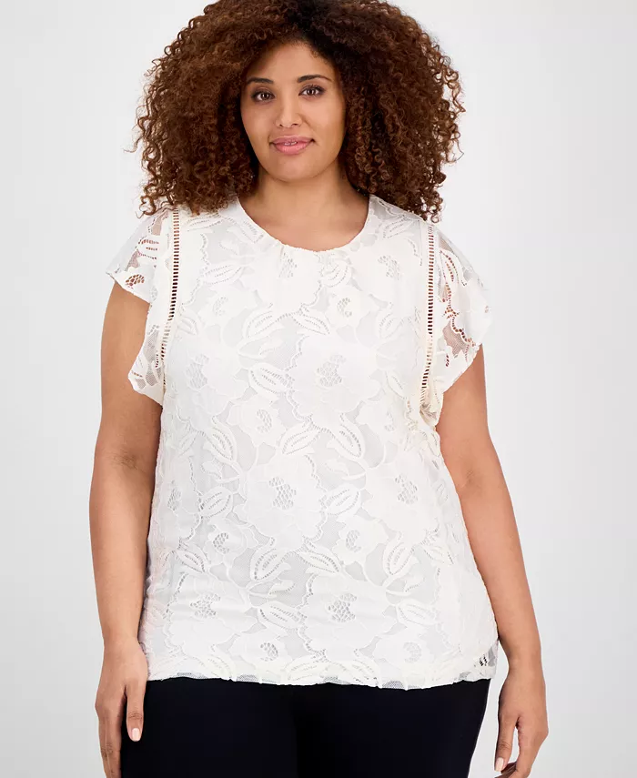 Блузка с кружевной накладкой и рукавами-крылышками Plus Size Anne Klein, белый 
Блузка с кружевной накладкой и рукавами-крылышками Plus Size Anne Klein, белый