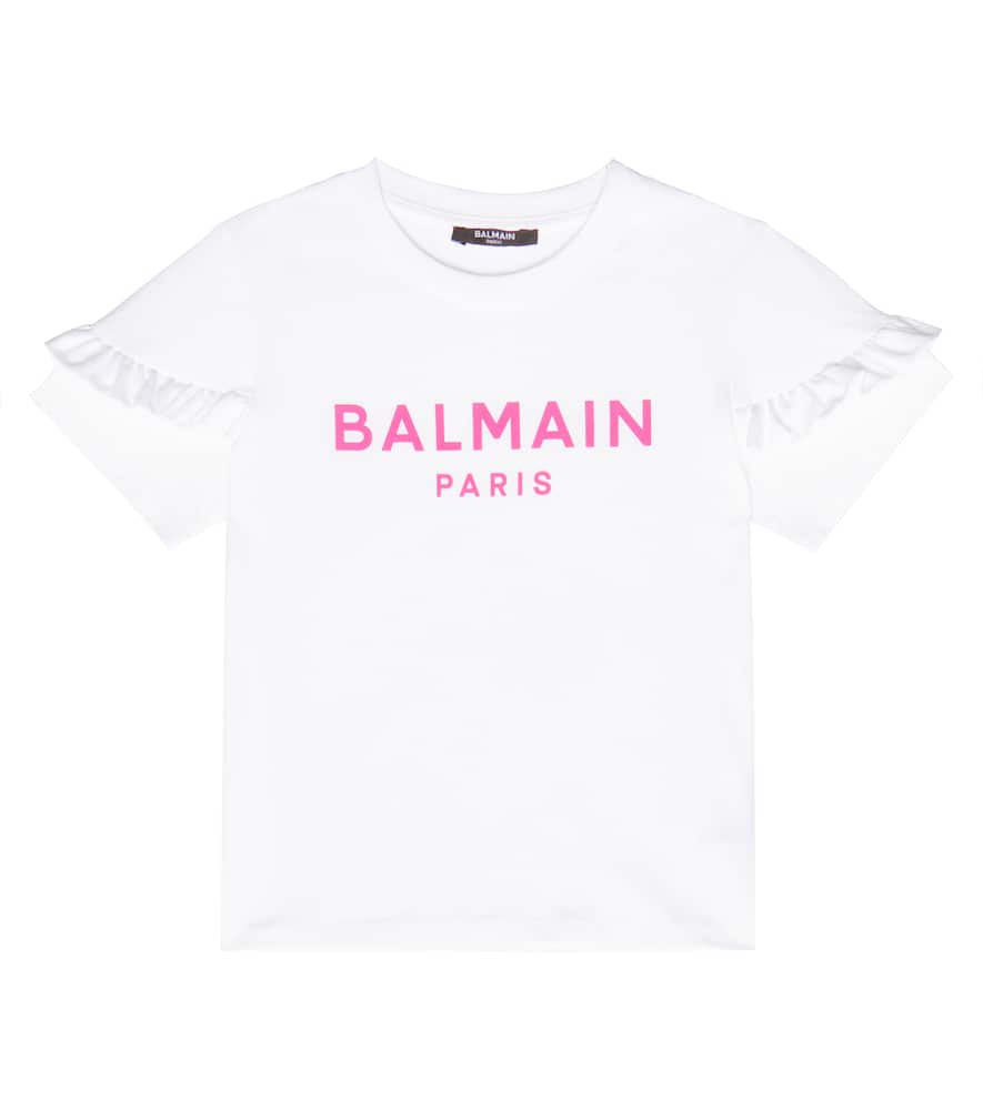 Футболка из хлопка с рюшами и логотипом Balmain Kids, 100fu-Bianco/Fuxia
Футболка из хлопка с рюшами и логотипом Balmain Kids, 100fu-Bianco/Fuxia