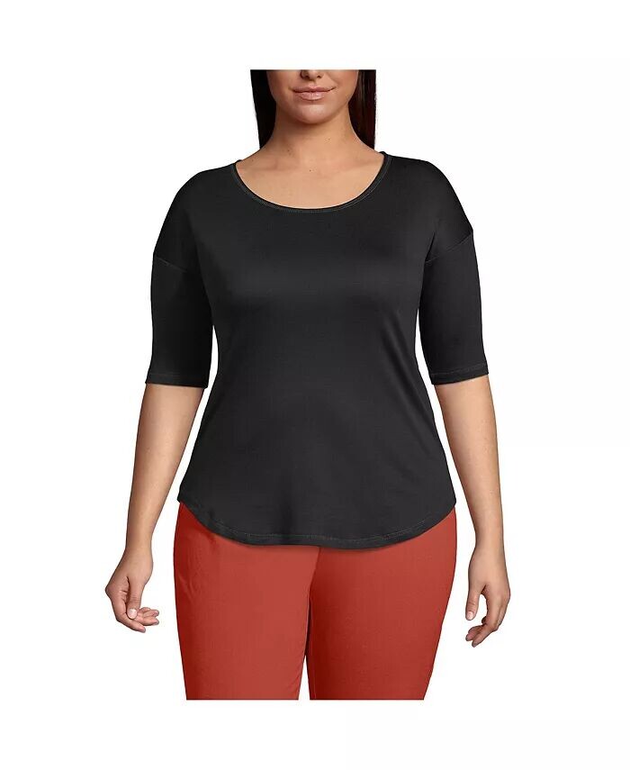 Плюс размер Supima Микро модальный топ с балетным вырезом и изогнутым подолом с рукавами до локтя Lands' End, черный 
Плюс размер Supima Микро модальный топ с балетным вырезом и изогнутым подолом с рукавами до локтя Lands' End, черный