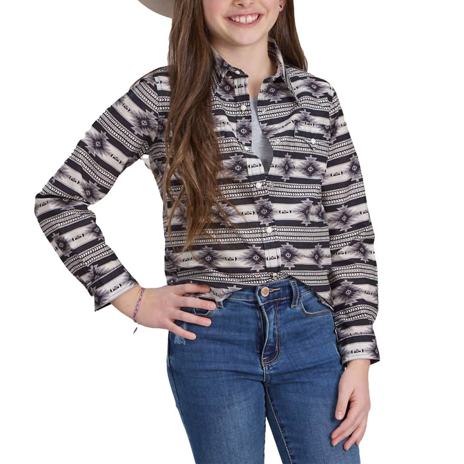 Детская приталенная блузка с длинным рукавом в ацтекском стиле на кнопках черного цвета Stetson 
Детская приталенная блузка с длинным рукавом в ацтекском стиле на кнопках черного цвета Stetson