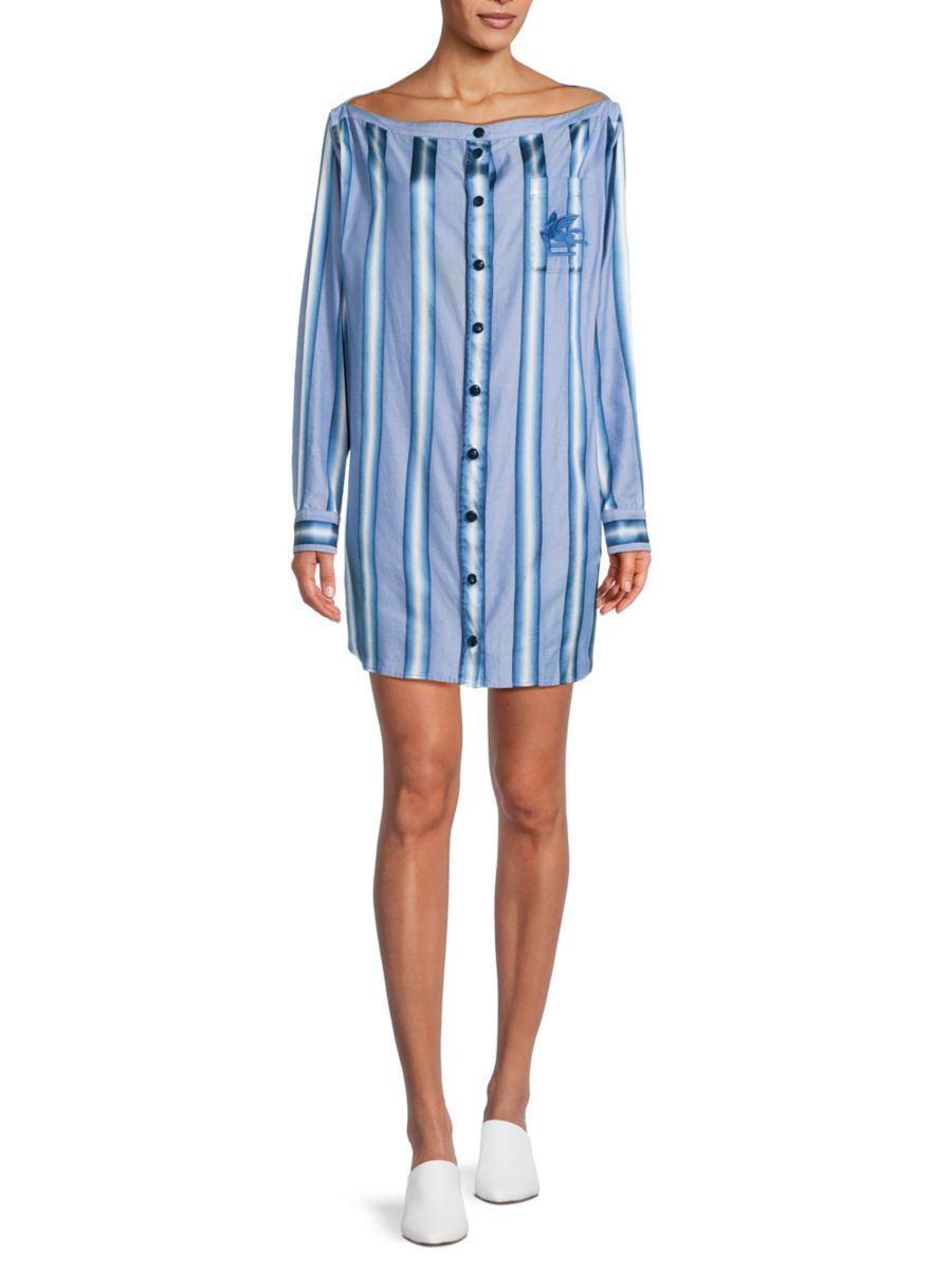 Платье-рубашка мини в полоску с вырезом-лодочкой Etro, светло-синий
Платье-рубашка мини в полоску с вырезом-лодочкой Etro, светло-синий