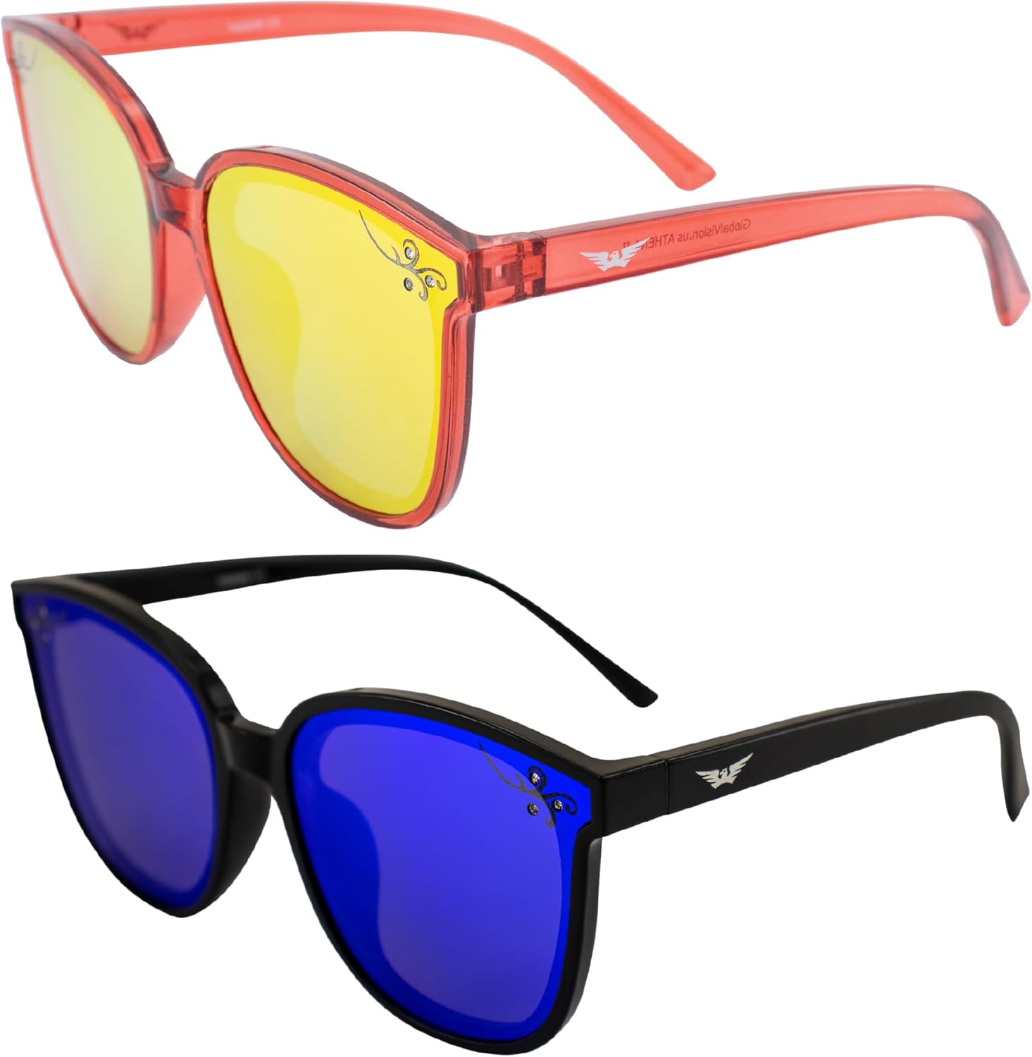 Женские модные солнцезащитные очки Global Vision Eyewear Athena II (2 пары): кристально-красные с красными зеркальными линзами и черные с синими зеркальными линзами, Red-red/Black-blue
Женские модные солнцезащитные очки Global Vision Eyewear Athena II (2 пары): кристально-красные с красными зеркальными линзами и черные с синими зеркальными линзами, Red-red/Black-blue