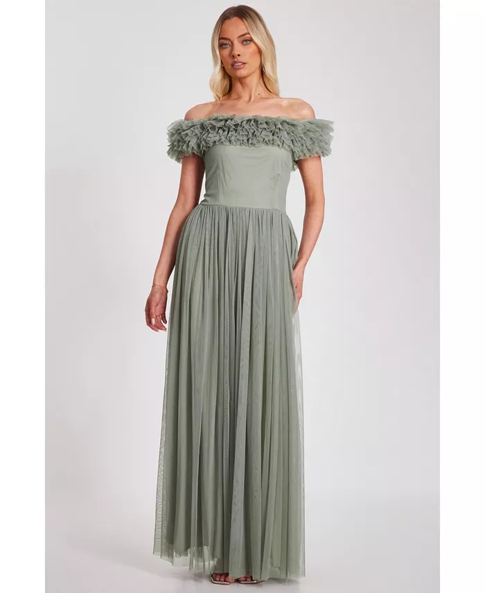 Женское платье макси с сетчатыми оборками и вырезом лодочкой QUIZ, зеленый
Женское платье макси с сетчатыми оборками и вырезом лодочкой QUIZ, зеленый