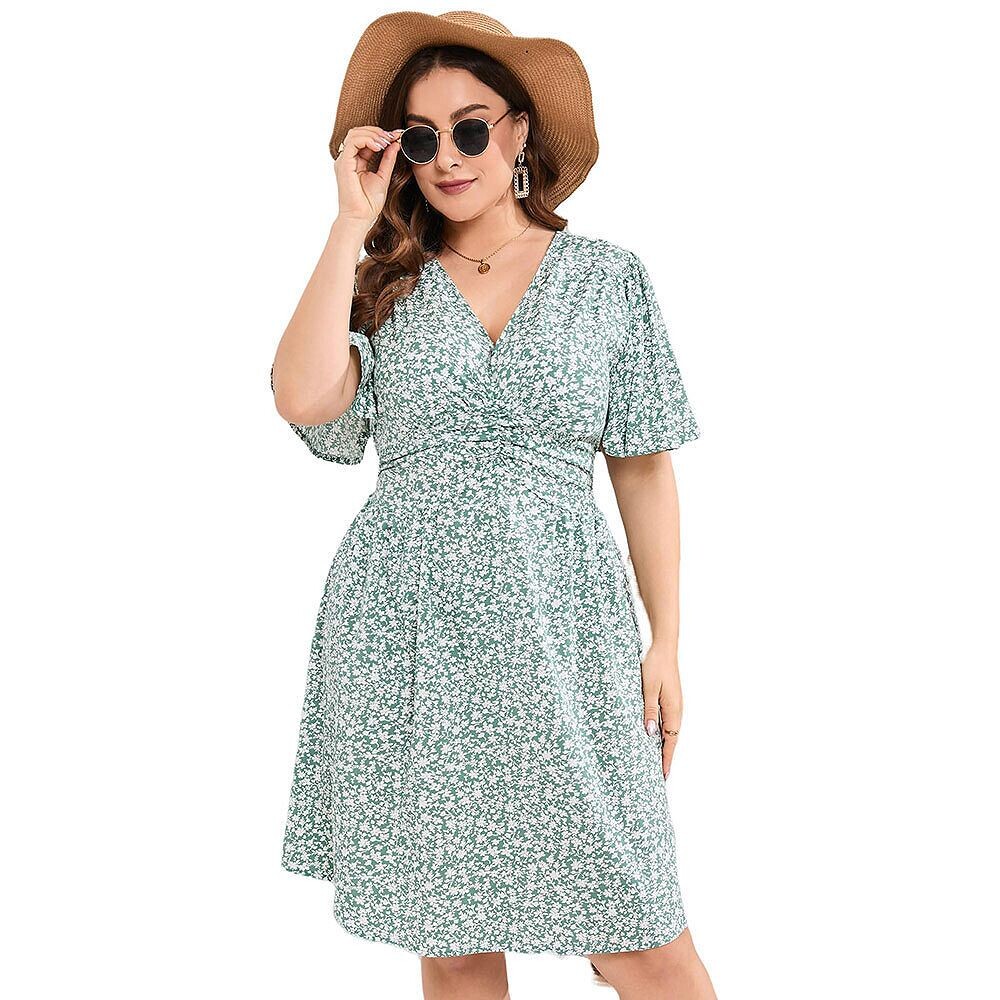 Женское летнее повседневное струящееся платье в стиле бохо с цветочным принтом в стиле ампир на талии больших размеров MISSKY, зеленый