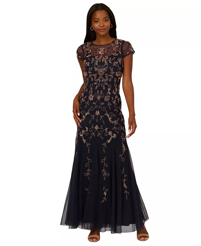 Женское платье с расклешенными вставками и декоративными элементами Godet Gown Adrianna Papell, синий 
Женское платье с расклешенными вставками и декоративными элементами Godet Gown Adrianna Papell, синий