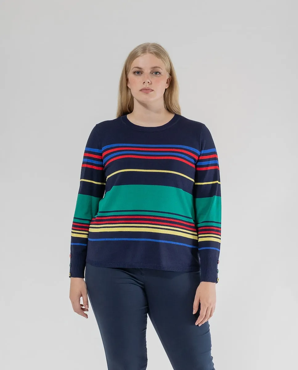 Женский полосатый свитер с декоративными пуговицами на манжетах October, тёмно-синий
Женский полосатый свитер с декоративными пуговицами на манжетах October, тёмно-синий