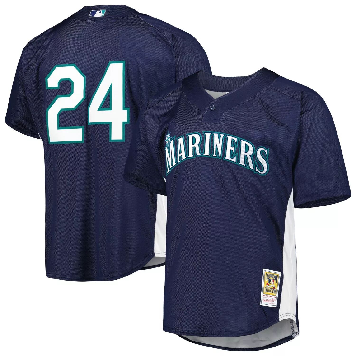 Мужская футболка Mitchell & Ness Ken Griffey Jr. Navy Seattle Mariners Cooperstown Collection с сетчатым ватиновым тренировочным трикотажем 
Мужская футболка Mitchell & Ness Ken Griffey Jr. Navy Seattle Mariners Cooperstown Collection с сетчатым ватиновым тренировочным трикотажем