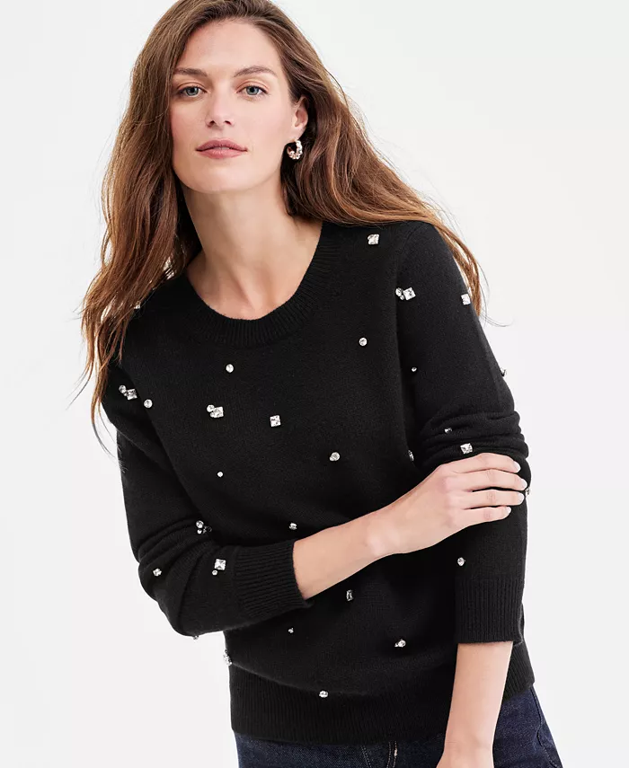 Женские объемные свитера с круглым вырезом из 100% кашемира с отделкой Charter Club, черный 
Женские объемные свитера с круглым вырезом из 100% кашемира с отделкой Charter Club, черный