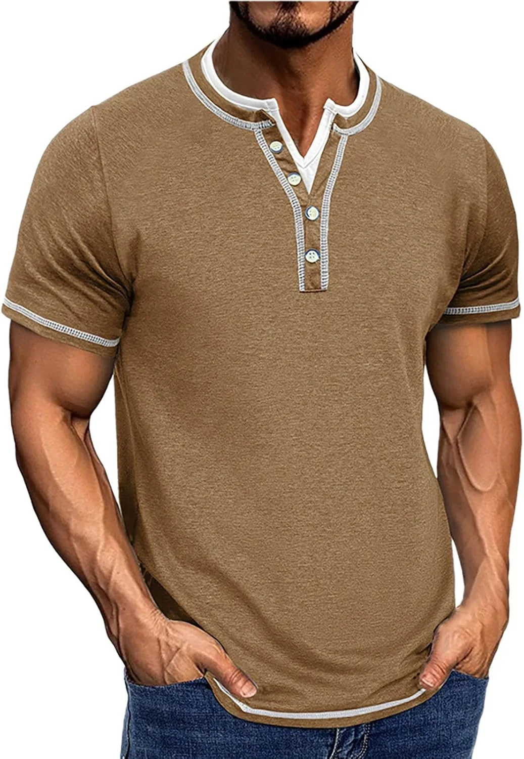 Футболка Henley для мужчин с цветными вставками и коротким рукавом
Футболка Henley для мужчин с цветными вставками и коротким рукавом