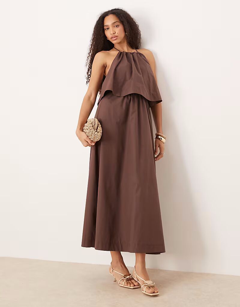 Платье макси с открытой спиной и завязками на шее ASOS DESIGN двухслойного шоколадного цвета 
Платье макси с открытой спиной и завязками на шее ASOS DESIGN двухслойного шоколадного цвета