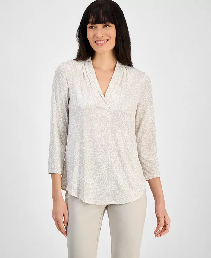 Женский вязаный топ с V-образным вырезом и принтом, с рукавом 3/4 JM Collection, коричневый/бежевый 
Женский вязаный топ с V-образным вырезом и принтом, с рукавом 3/4 JM Collection, коричневый/бежевый