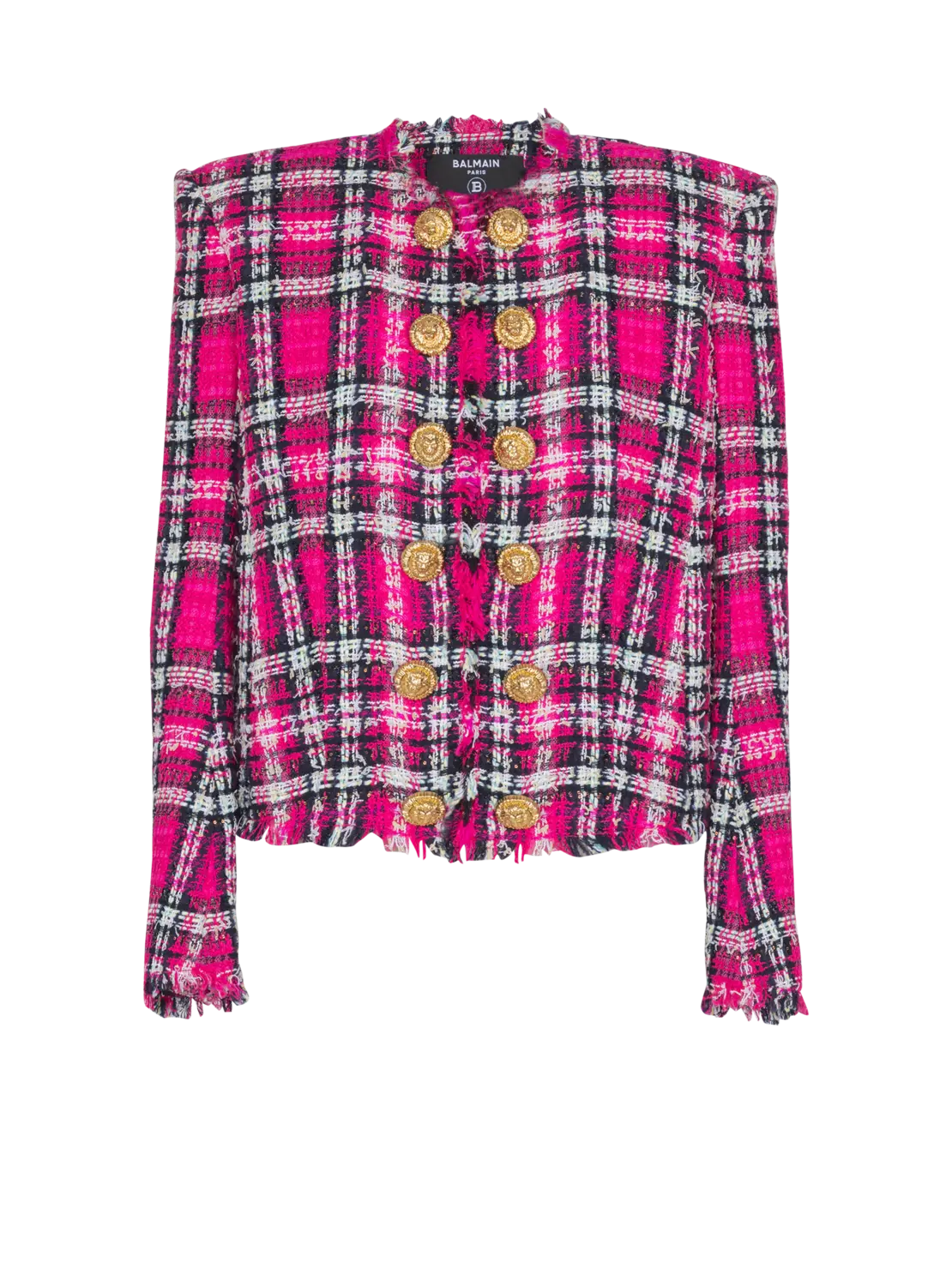 Укороченный жакет из твидa с блестящей клеткой Balmain, розовый
Укороченный жакет из твидa с блестящей клеткой Balmain, розовый