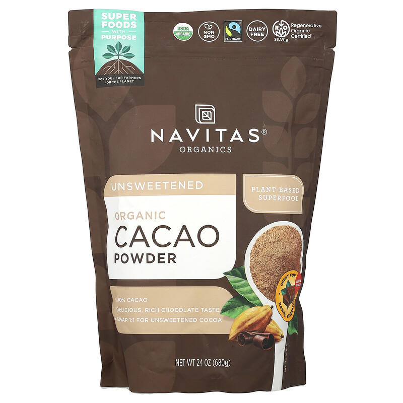 Navitas Organics, органический порошок какао, без сахара, 680 г (24 унции)
Navitas Organics, органический порошок какао, без сахара, 680 г (24 унции)