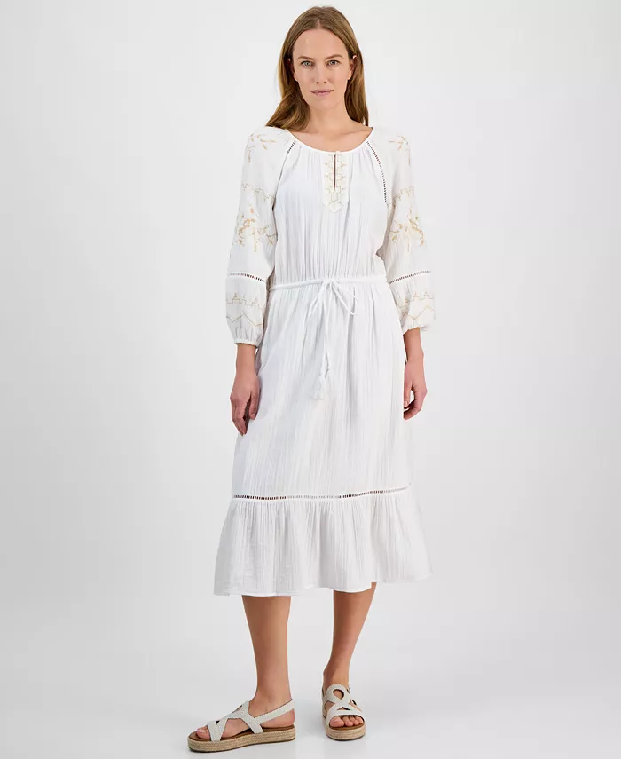 Платье миди из хлопка с вышивкой и лесенкой Style & Co, белый 
Платье миди из хлопка с вышивкой и лесенкой Style & Co, белый