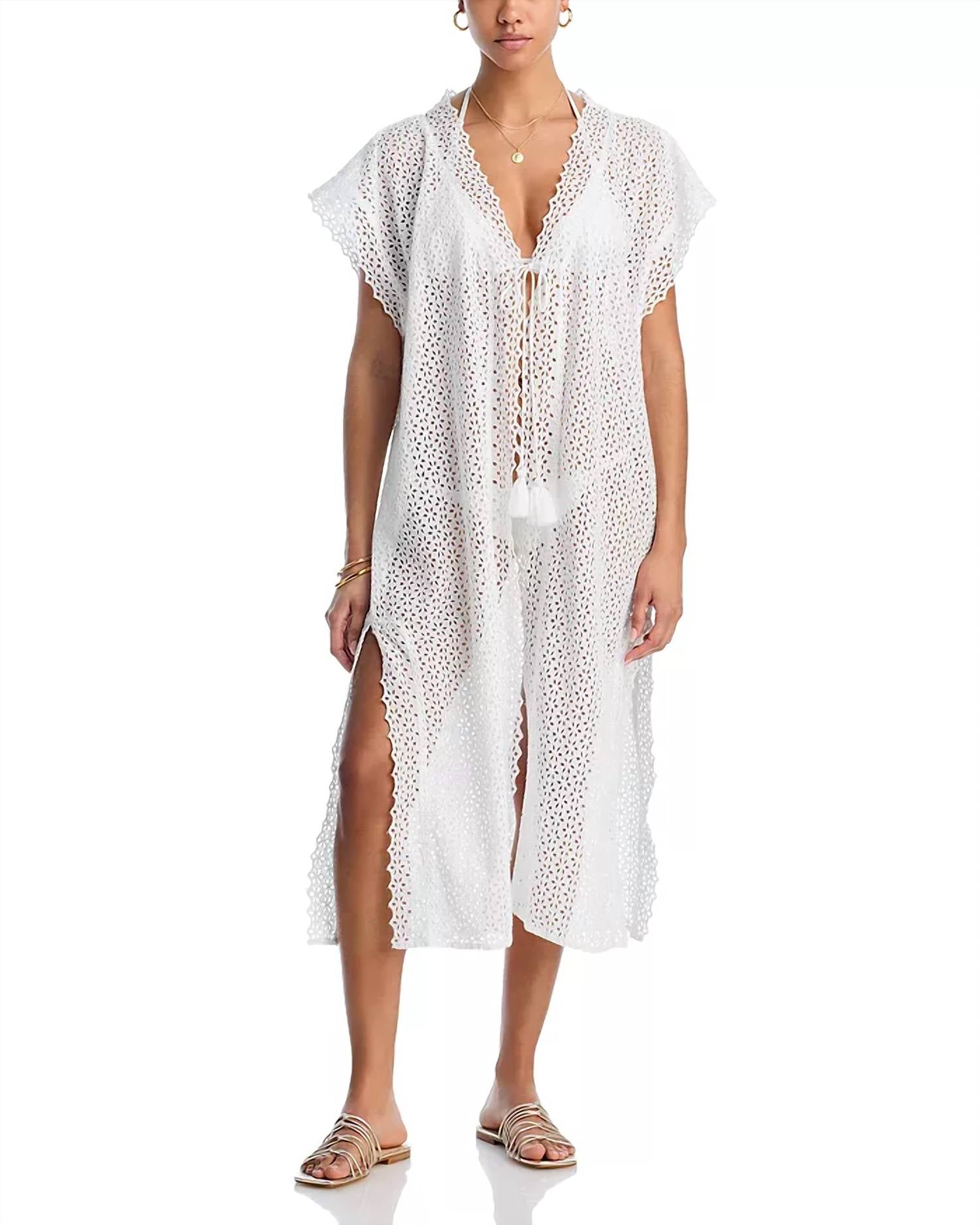 Women's Longline Eyelet Robe Cover Up In White Echo 
Women's Longline Eyelet Robe Cover Up In White Echo
