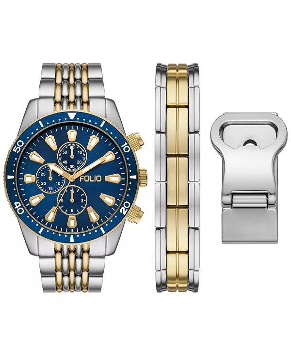 Подарочный набор мужских часов с тремя стрелками 2t из сплава серебристо-золотистого оттенка, 42 мм Folio, two-tone
Подарочный набор мужских часов с тремя стрелками 2t из сплава серебристо-золотистого оттенка, 42 мм Folio, two-tone