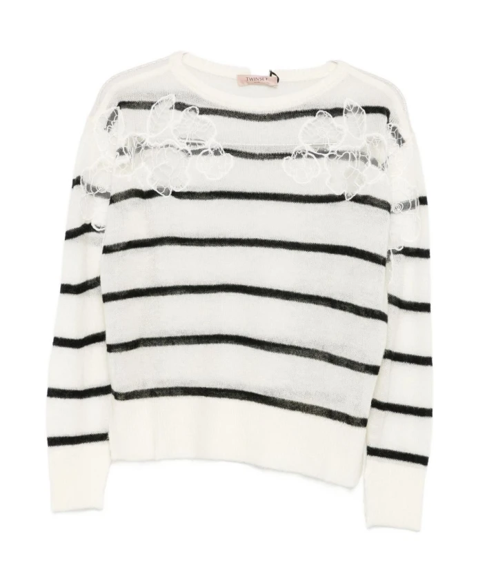 Белый пуловер с кружевом и цветочной отделкой. Twinset, белый
Белый пуловер с кружевом и цветочной отделкой. Twinset, белый