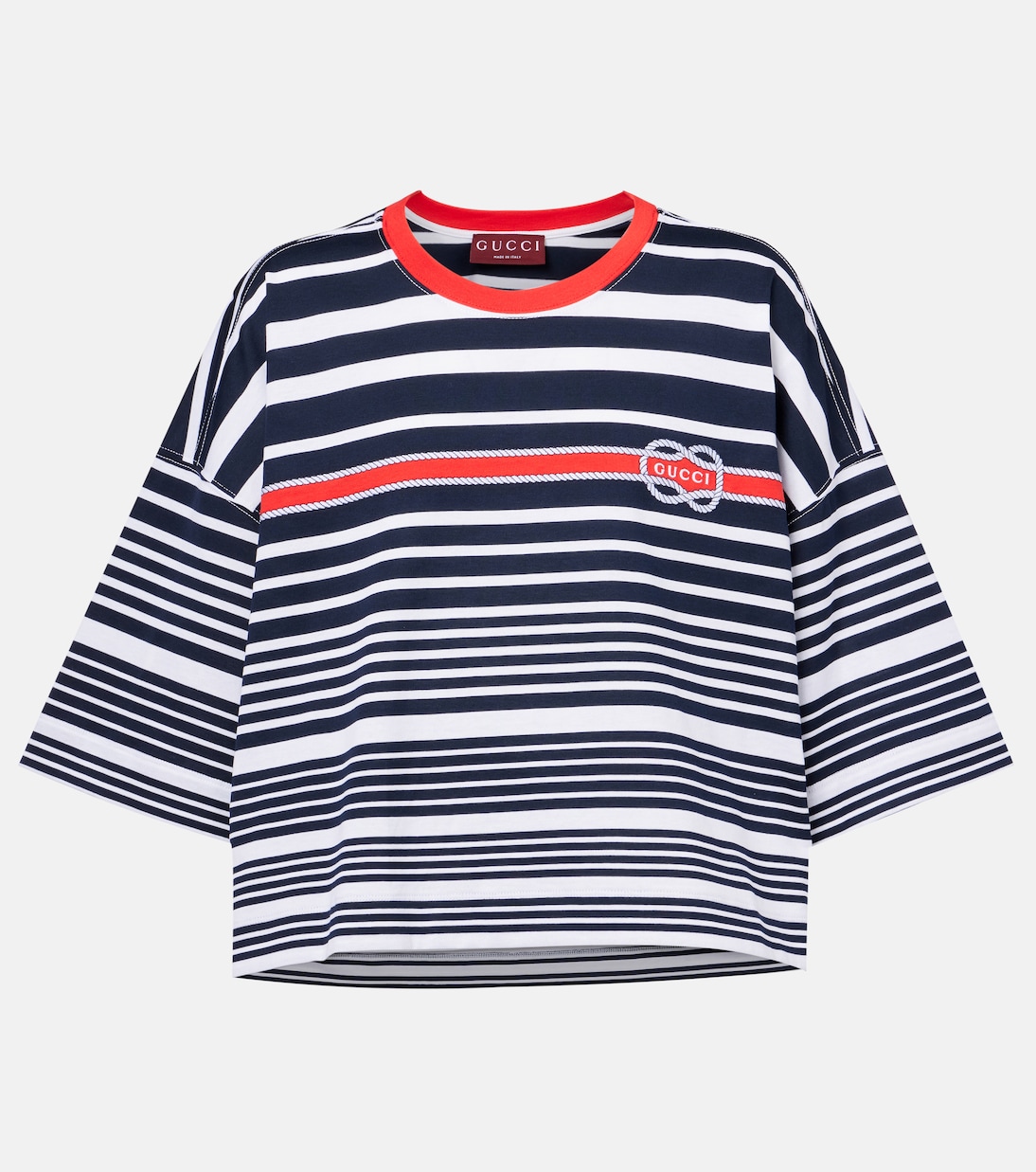 Обрезанная полосатая хлопковая футболка Gucci, White/Blue/Red
Обрезанная полосатая хлопковая футболка Gucci, White/Blue/Red