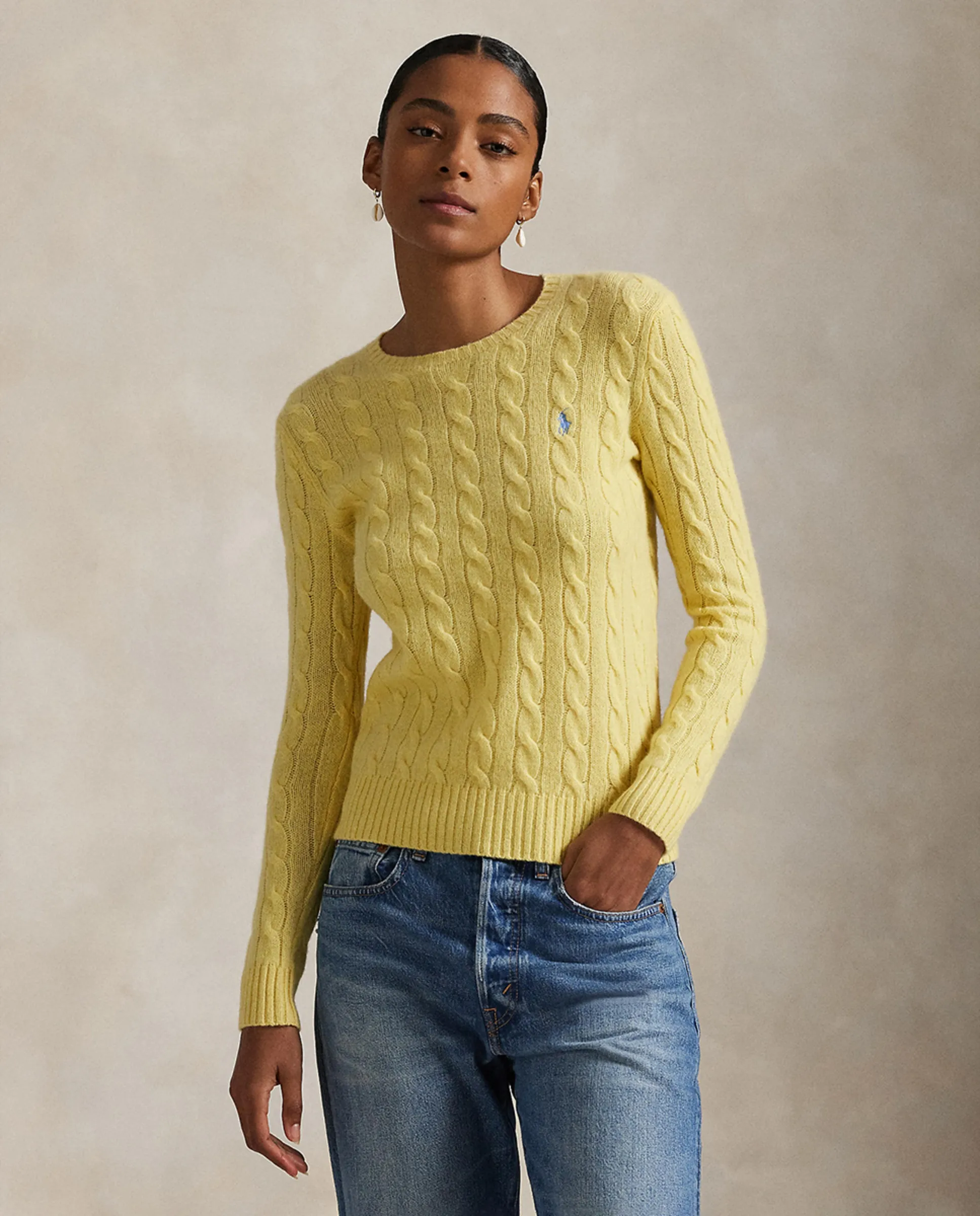 Женский джемпер из шерсти и кашемира узором "восьмерка" Polo Ralph Lauren, желтый 
Женский джемпер из шерсти и кашемира узором "восьмерка" Polo Ralph Lauren, желтый