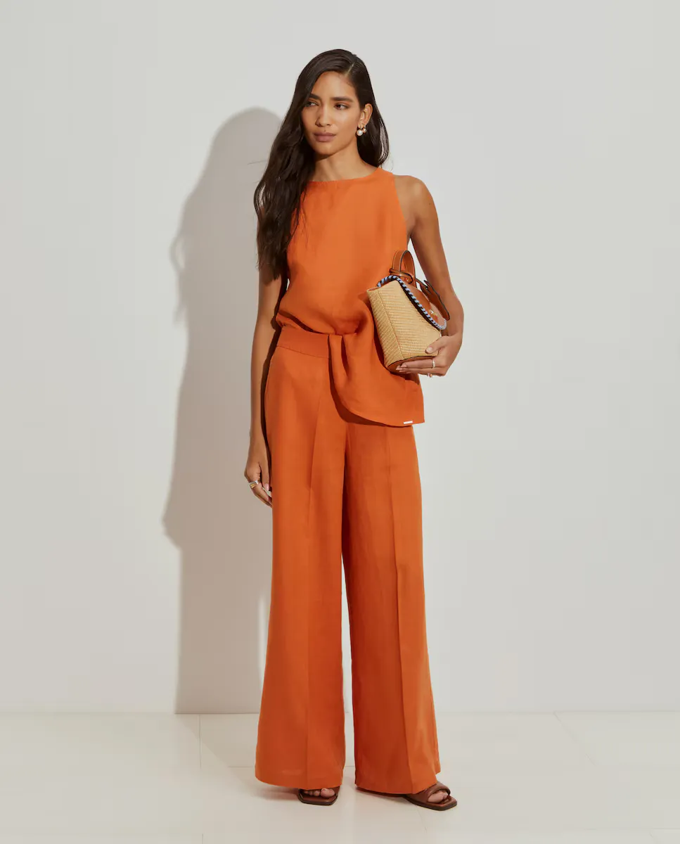 Женские льняные брюки широкого кроя с высокой талией Lion of Porches, оранжевый 
Женские льняные брюки широкого кроя с высокой талией Lion of Porches, оранжевый