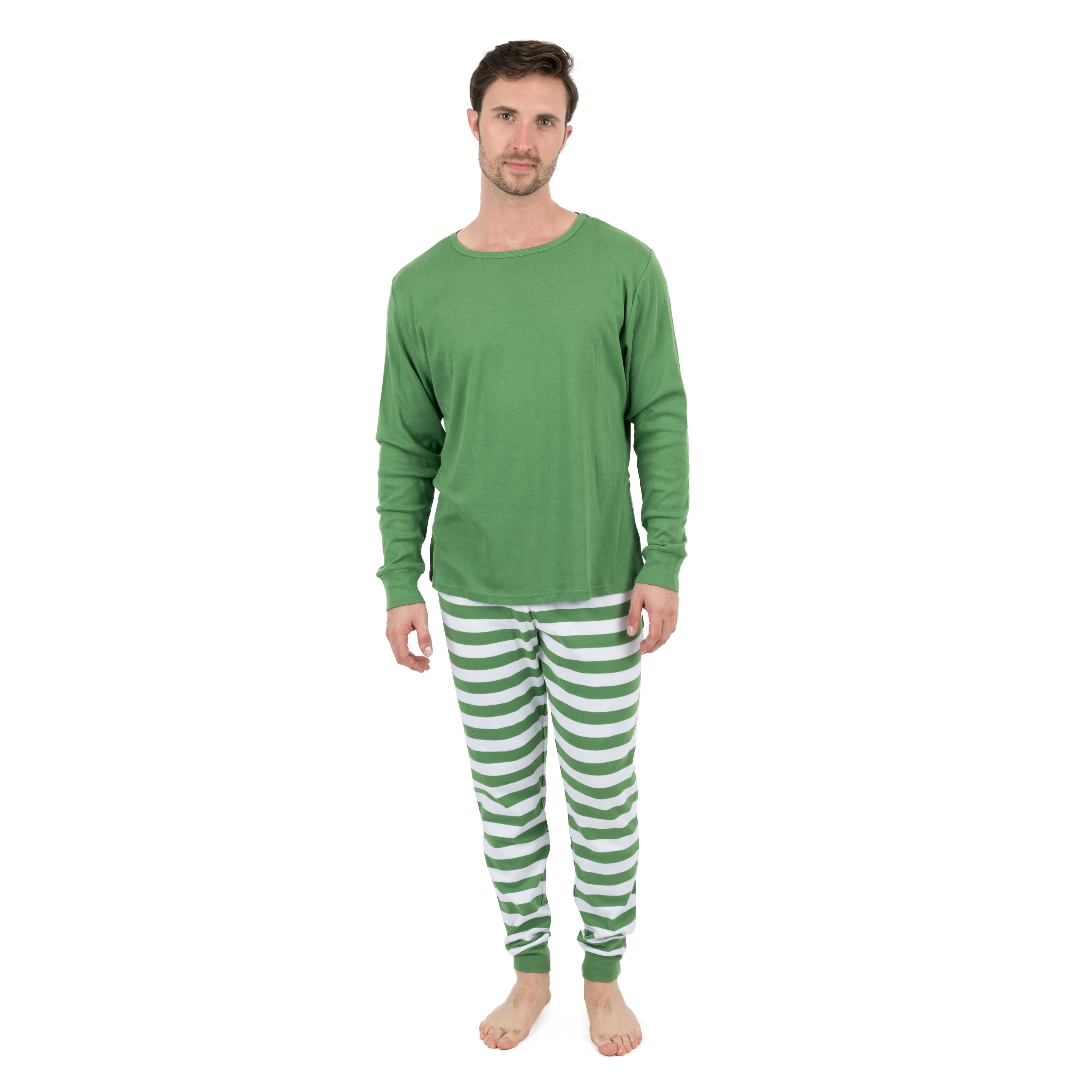 Рождественская мужская пижама из двух частей из хлопка в полоску Leveret, цвет solid green top & striped pant
Рождественская мужская пижама из двух частей из хлопка в полоску Leveret, цвет solid green top & striped pant