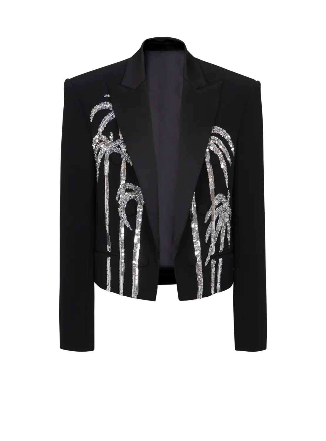 Укороченный жакет из крепа с вышивкой в виде пальм Balmain, черный
Укороченный жакет из крепа с вышивкой в виде пальм Balmain, черный