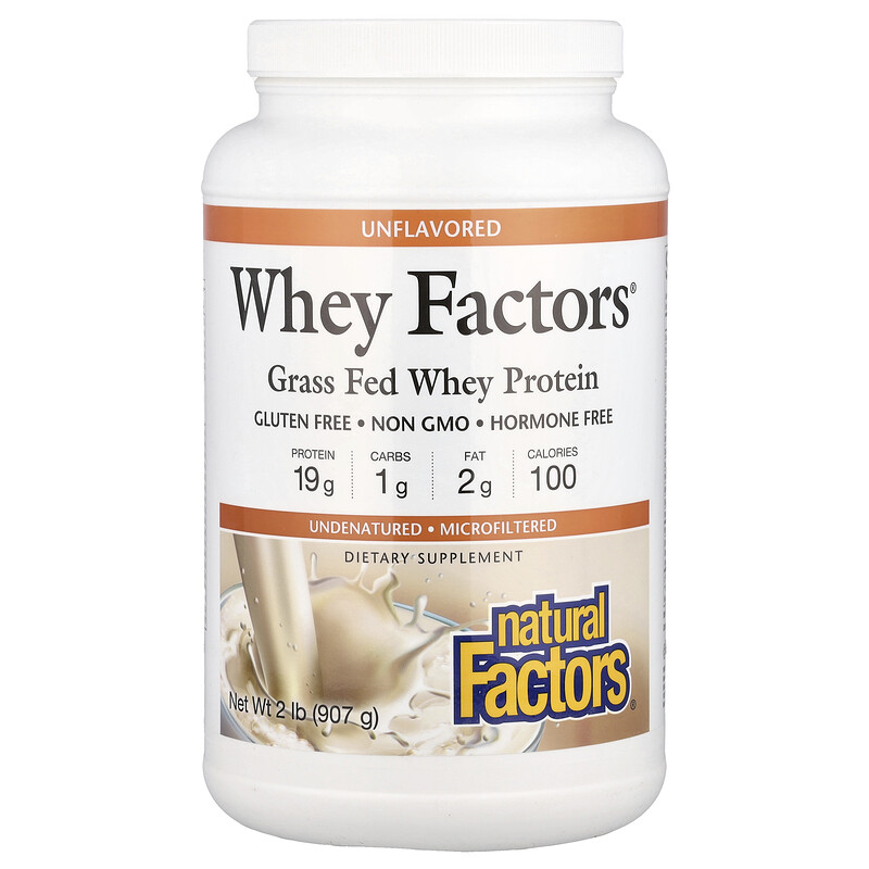 Natural Factors, Whey Factors, сывороточный протеин травяного откорма, без добавок, 907 г (2 фунта)
Natural Factors, Whey Factors, сывороточный протеин травяного откорма, без добавок, 907 г (2 фунта)
