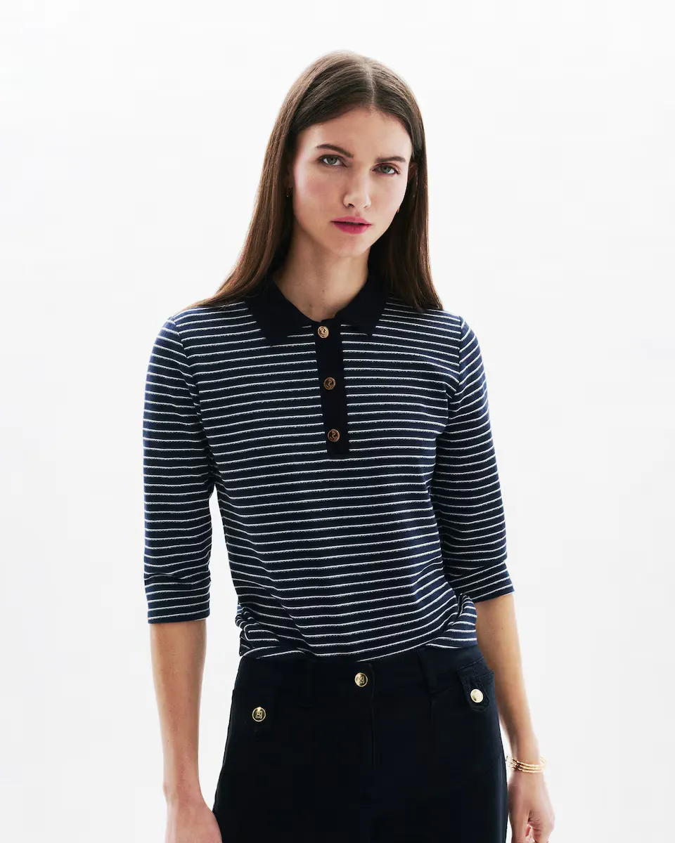 Женская рубашка поло с полосатым принтом и французскими рукавами Caroll, синий
Женская рубашка поло с полосатым принтом и французскими рукавами Caroll, синий