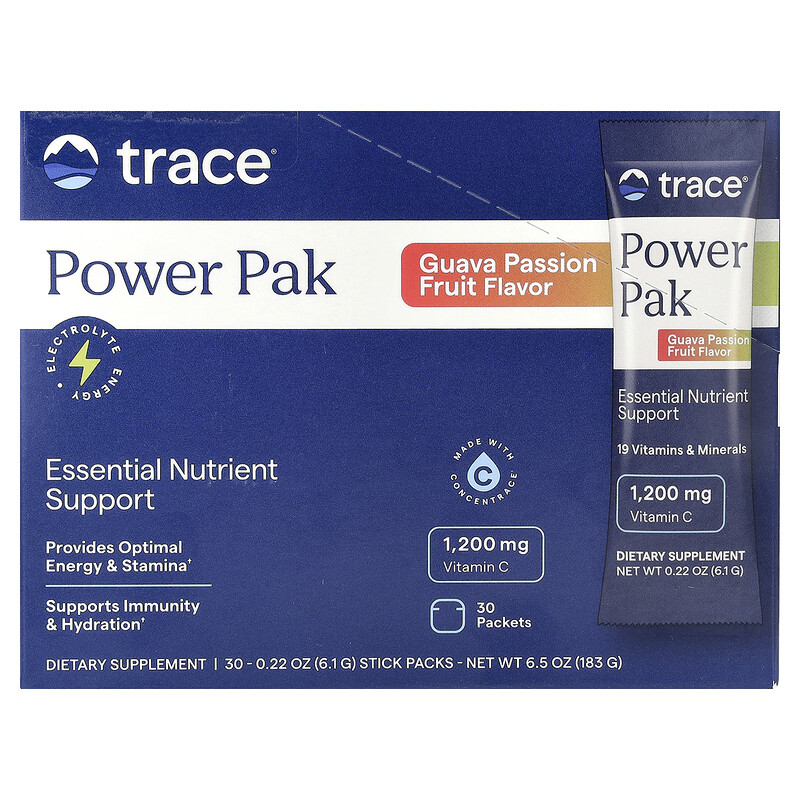 Trace, Power Pak, гуава и маракуйя, 30 пакетиков по 6,1 г (0,22 унции)
Trace, Power Pak, гуава и маракуйя, 30 пакетиков по 6,1 г (0,22 унции)